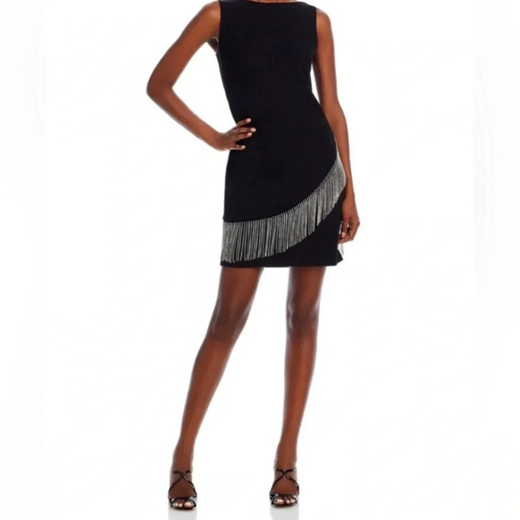 Eliza J Dress Women’s 2 Rhinestone Trimmed Fringe Embellished Black Mini - Picture 2 of 12